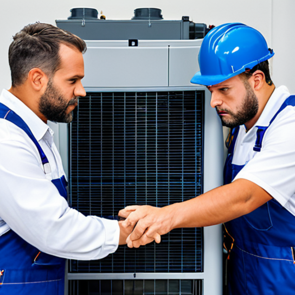 Teamwork in Action**

A diverse team of HVAC technicians in a modern workshop, collaborating on a complex chiller system, fully clothed in work uniforms, safe for work, perfect anatomy, correct proportions, natural pose, well-formed hands, proper finger count, high-quality professional photography, appropriate content, modest clothing.

**