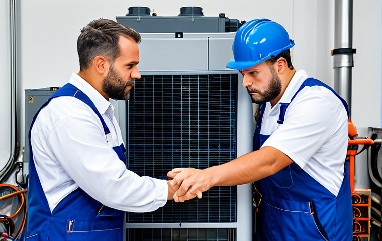 Teamwork in Action**

A diverse team of HVAC technicians in a modern workshop, collaborating on a complex chiller system, fully clothed in work uniforms, safe for work, perfect anatomy, correct proportions, natural pose, well-formed hands, proper finger count, high-quality professional photography, appropriate content, modest clothing.

**