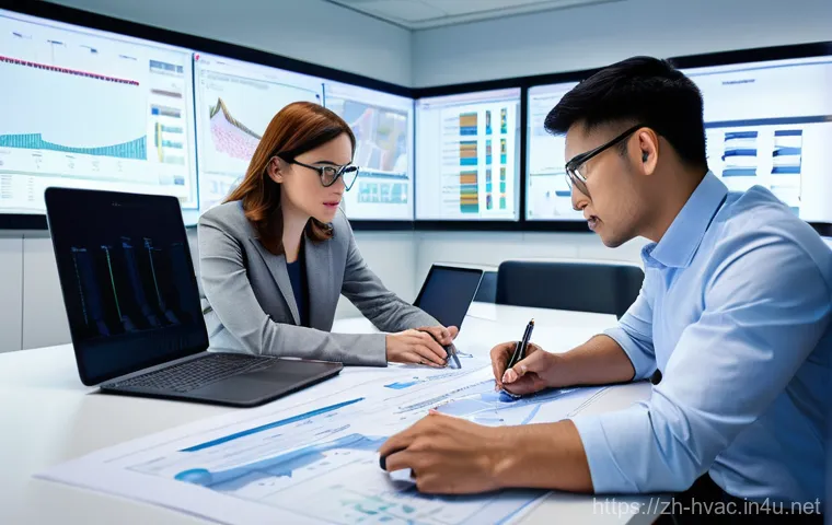 공조냉동기계 실무 사례 공유 - **Prompt:** A diverse team of professional engineers, including men and women in smart business atti...