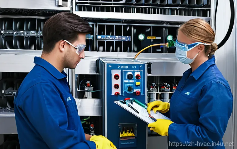 공조냉동기계 실무 사례 공유 - **Prompt:** A diverse team of professional engineers, including men and women in smart business atti...