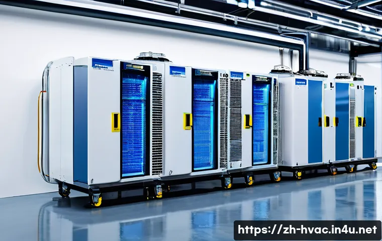 공조냉동기계 기술자와 최신 냉매 기술 - A detailed industrial refrigeration system room featuring modern chillers and compressors, equipped ...