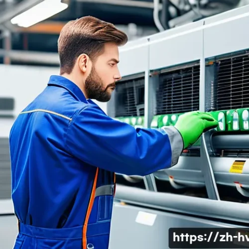 공조냉동기계 기술자의 연봉 평균 - A skilled HVAC technician in a modern industrial setting, wearing clean blue overalls and safety glo...