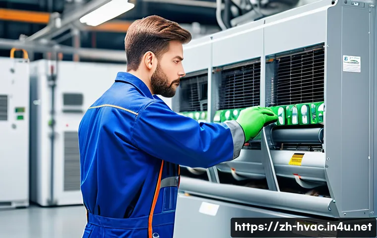 공조냉동기계 기술자의 연봉 평균 - A skilled HVAC technician in a modern industrial setting, wearing clean blue overalls and safety glo...