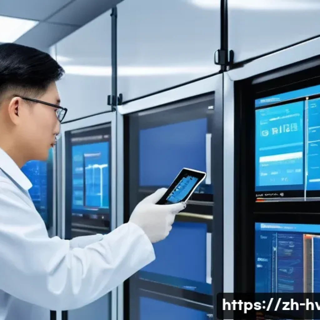 공조냉동기계 기술자의 업무 효율화 사례 - A high-tech industrial control room showcasing a smart monitoring system for refrigeration machinery...