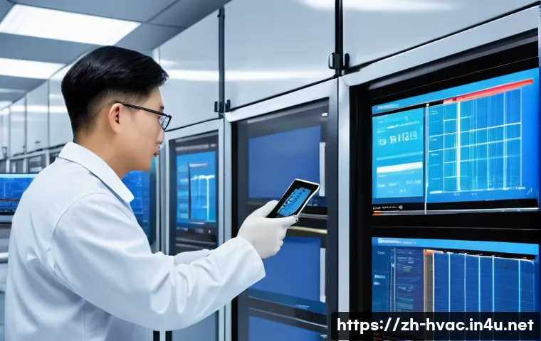 공조냉동기계 기술자의 업무 효율화 사례 - A high-tech industrial control room showcasing a smart monitoring system for refrigeration machinery...