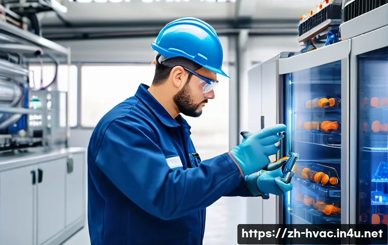 공조냉동기계기사의 자격 갱신 요건 - A professional refrigeration mechanic attending a modern training session indoors, wearing safety gl...
