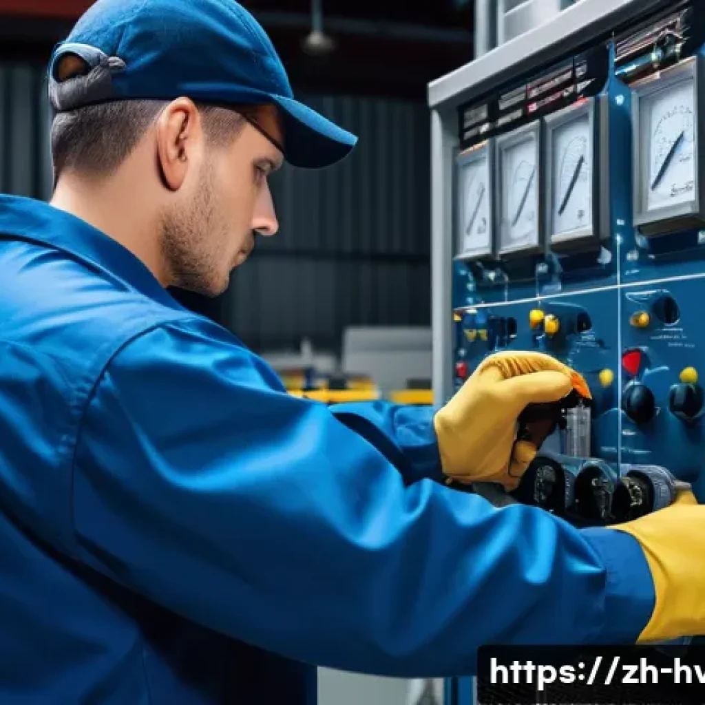 공조냉동기계기사와 관련된 공기업 취업 - A skilled HVAC technician wearing a clean, professional uniform and safety gloves, actively inspecti...