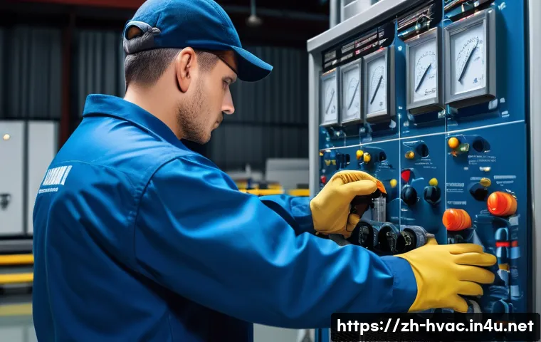 공조냉동기계기사와 관련된 공기업 취업 - A skilled HVAC technician wearing a clean, professional uniform and safety gloves, actively inspecti...