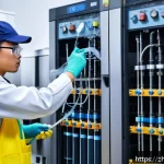 공조냉동기계 실무에서 자주 발생하는 문제 - A detailed industrial scene showing a skilled technician performing a soap bubble leak test on a lar...