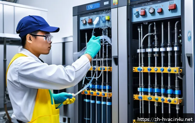 공조냉동기계 실무에서 자주 발생하는 문제 - A detailed industrial scene showing a skilled technician performing a soap bubble leak test on a lar...