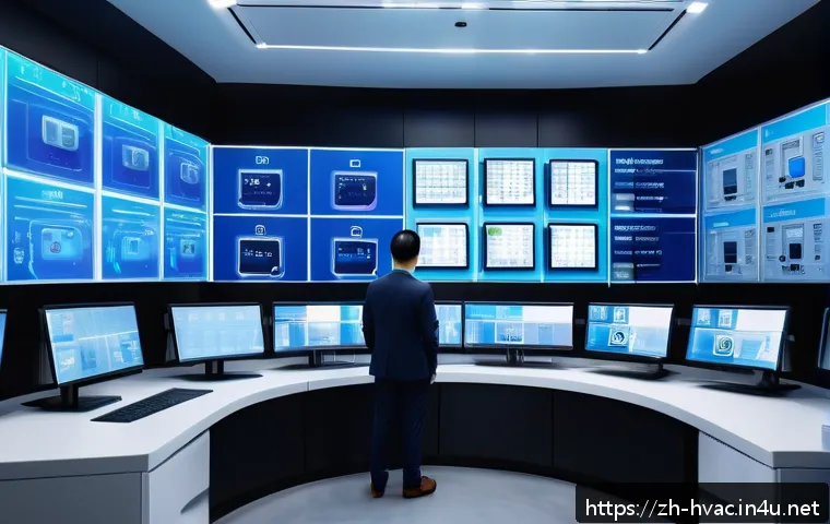 공조냉동기계의 최신 연구 동향 - A futuristic industrial control room showcasing an intelligent refrigeration system with multiple di...