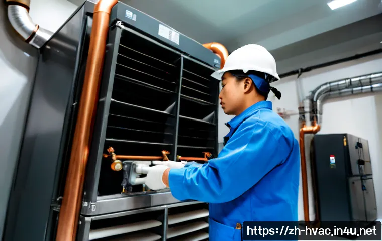 공조냉동기계 설비의 설치 및 점검 사례 - Photorealistic commercial HVAC refrigeration equipment installation in a clean mechanical room, two ...